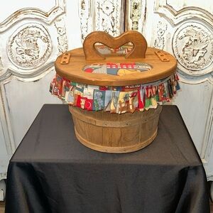 VINTAGE Bushel Basket Wood Lid and  Handel Picnic Basket with School Time Lining